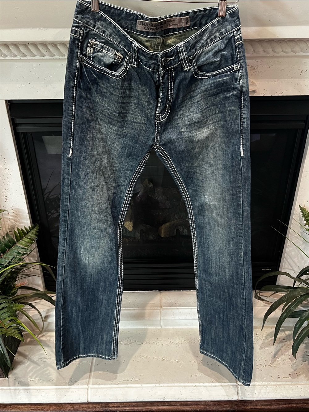 Rock & Roll Cowboy Men's Dark Wash Straight Jeans with Contrast Stitching